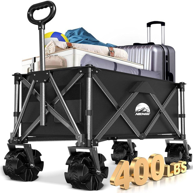 Collapsible Folding Wagon Cart Heavy Duty,Beach Wagon with Big Wheels,Utility Grocery Wagon with Side Pocket for Outdoor Garden,Camping,Shopping and Sports, R-Black