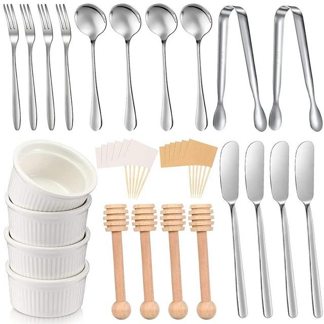 Charcuterie Board Accessories Utensils Cheese Butter Spreader Knives Set Include Serving Tongs, Knives, Spoons, Forks, Toothpick Flags, Honey Dippers, Bowl for Christmas Pastry Making (Silver)