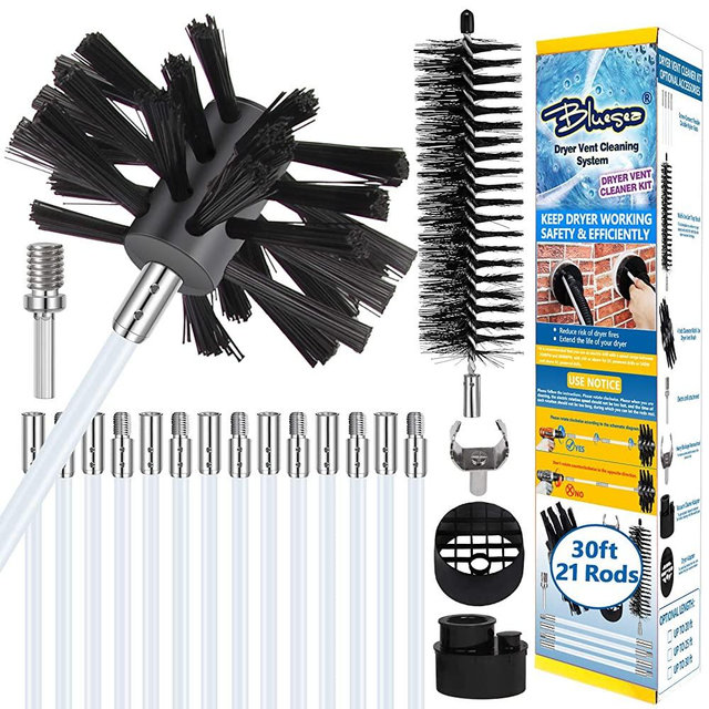 Bluesea 30ft Dryer Vent Cleaning Kit, Lint Removes, Extends Up To 30 Feet, Synthetic Brush Head, Dryer Vent Cleaning System, Dryer Vent Cleaner Kit Vacuum Attachment with Vacuum Adapter, Dryer Adapter