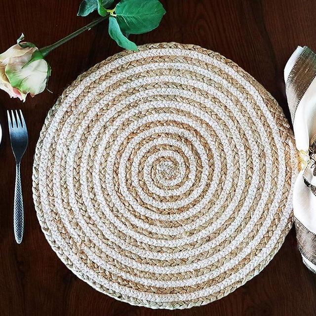 Handmade Round Tablemat - Hand-Made Mats for Parties, Dining Table, Coasters - Decorative Placemats - Jute & Cotton Fibers - Pack of 4 - 14’’ Round Diameter - White – The Home Talk Store