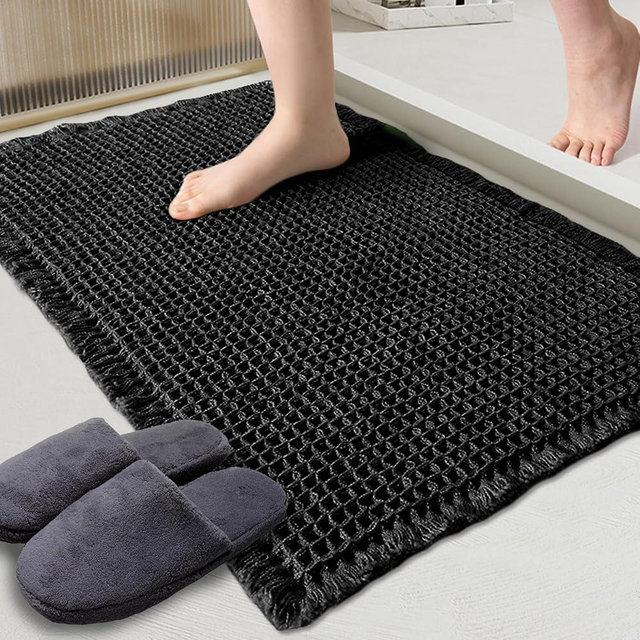 ZALL Waffle Bath Mat Black Super Absorbent Non Slip Bathroom Rug,Rhombus Geometric 17x24inch,Machine Washable Ultra Soft Floor Mats