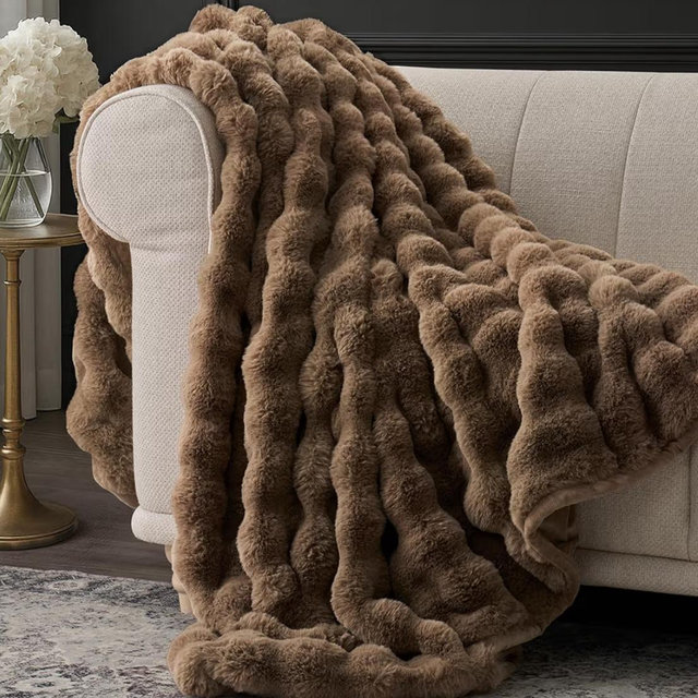 EverGrace Ultra Soft Luxury Fluffy Faux Rabbit Fur Throw Blanket, Thick Warm Bubble Throw for Bed, Cozy Plush Reversible Blankets for Couch, Chair, Sofa, Natural Tan, 60x80 Inches