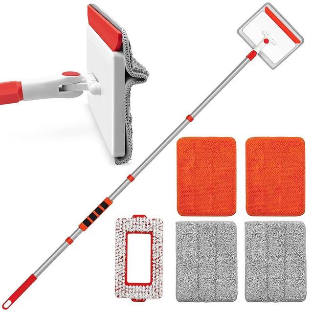 JEHONN Baseboard Cleaner Tool with Handle, 56 inches Base Boards Cleaning Mop Scrubber, 1 Stiff Bristles Brush, 2 Chenille and 2 Microfiber Pads, Wall Duster for Floorboard Ceiling Window Tile