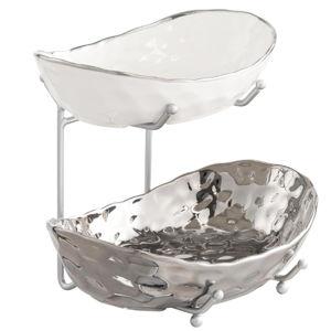 HBlife Fruit Bowl for Kitchen Counter - 2 Tier Ceramic Fruit Bowl with Metal Stand, Tiered Fruit Basket for Kitchen Fruit Vegetable Storage, Snack, Dessert Tray Plate Rack for Party(Silver)