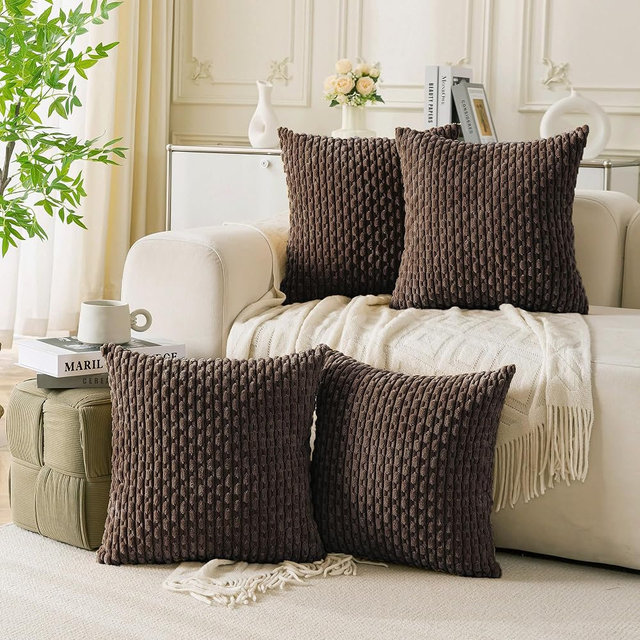 Cozoomy Set of 4 Dark Brown Decorative Throw Pillow Covers 18x18 Inch Corduroy Pillow Covers for Bed Couch Sofa Living Room Soft Square Cushion Cases