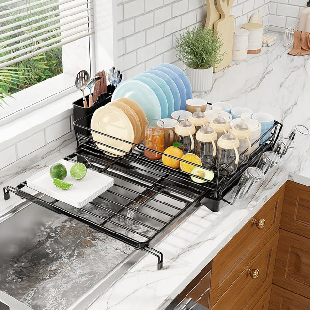 Simple Trending Dish Drying Rack, Expandable Dish Racks for Kitchen Counter, Large Capacity Dish Drainers with Utensil & Cup Holders, Black