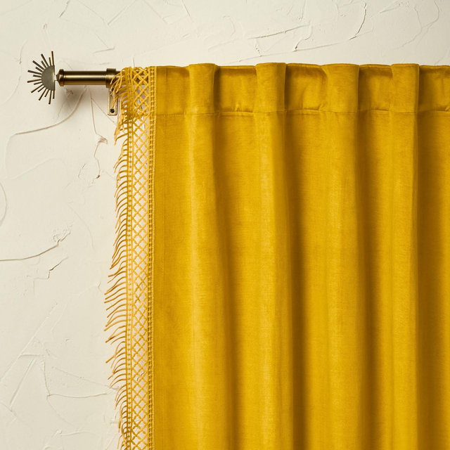 1pc 54"x63" Light Filtering Velvet Macrame Trim Curtain Panel Gold - Opalhouse™ designed with Jungalow™
