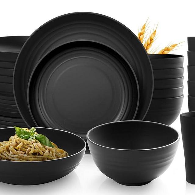 Teivio 30-Piece Kitchen Plastic Wheat Straw Dinnerware Set, Service for 6, Dinner Plates, Dessert Plate, Cereal Bowls, Cups, Pasta Bowls, Unbreakable Plastic Outdoor Camping Dishes, Black