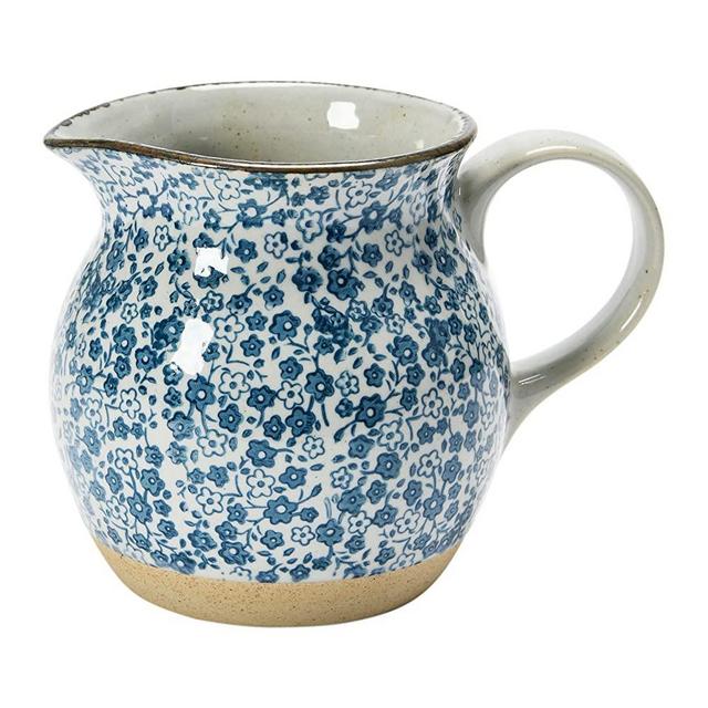 Creative Co-Op Hand-Painted Country-Style Stoneware Floral Print Pitcher, 6.25", Blue & White