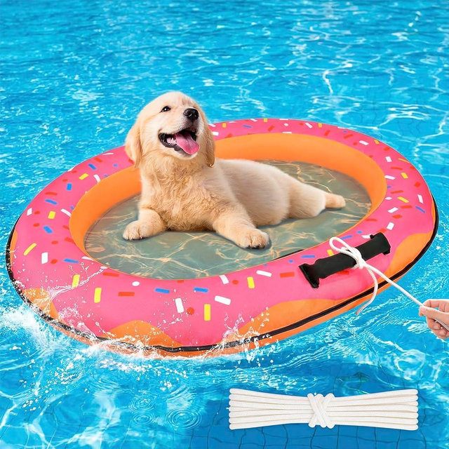 Dog Pool Float for Small Medium Dogs - 35.4" x 25.6" Donut Dog Water Pool Floats with Safety Rope, Inflatable Hot Puppy Floaties for Lake, Pet Pools Raft Boat for Doggie Swimming Floaty Essentials