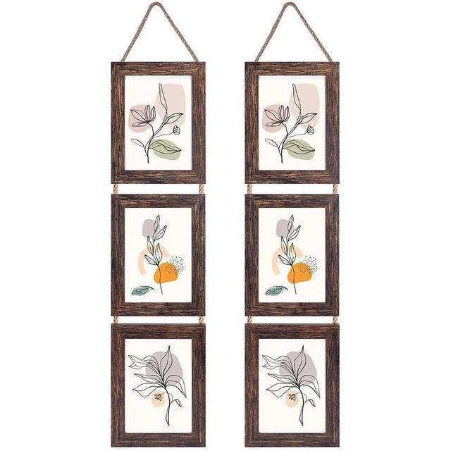 Lavezee 5x7 Hanging Picture Frames Set of 2, Vertical Collage Distressed Brown Triple Frame Made to Display 6 Openings 5 by 7 inch Photo for Wall Decor