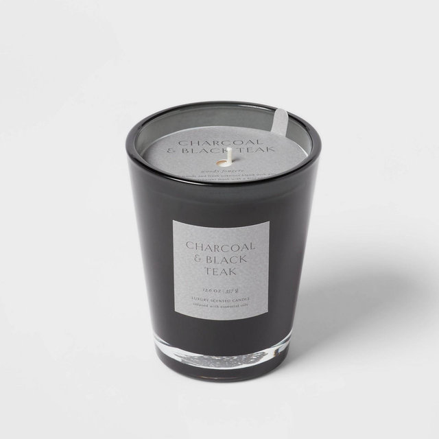 12oz Colored Vase Glass with Dustcover & Black Teak Candle Black - Threshold™