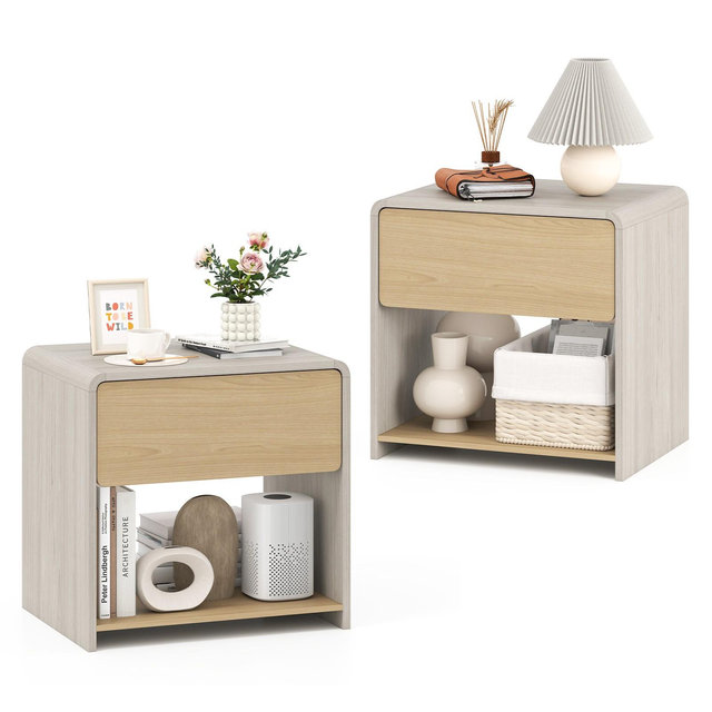 Tangkula 2 PCS Modern Style Nightstand 2-Tier Sofa Side Bedside Table w/ Drawer & Open Shelf