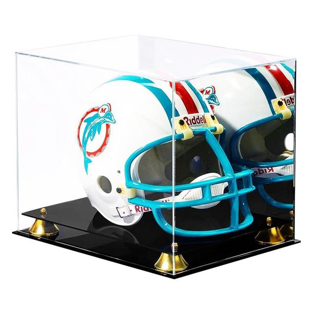 PENNZONI Football Helmet Display Case - Clear Acrylic Display Case, Full-Size Helmet Clear Display Box, Football Display Case w/Black Acrylic Base & Gold Risers