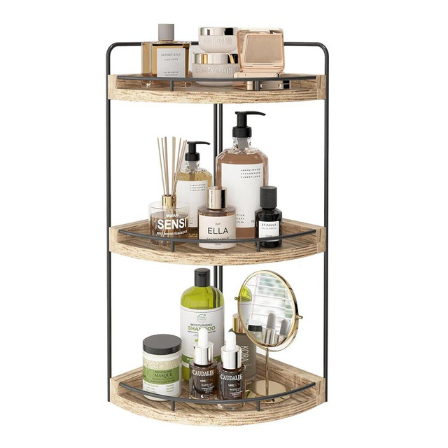 Fixwal Corner Bathroom Counter Organizer, 3 Tier Rustic Bathroom Organizer, Wood Countertop Storage Tray for Vanity, Kitchen, Bedroom (Light Brown)