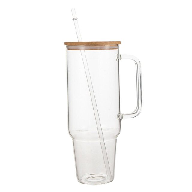 Slickblue 40 oz Glass Tumbler with Bamboo Lid, Handle, and Straw - Modern Design, Clear
