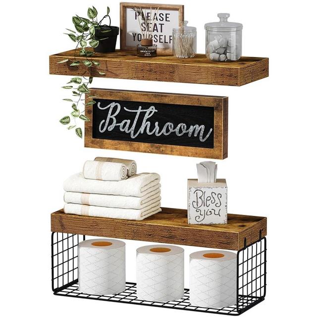 QEEIG Bathroom Furniture Sets Shelves Over Toilet Wall Decor Shelf Farmhouse Decorations Décor Sign Shelves Small 2+1 Set 16 inch, Rustic Brown