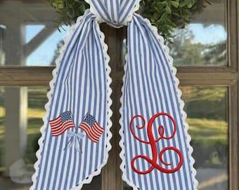 4th of July Seersucker Wreath Sash – Embroidered Monogram, American Flags, Patriotic Door Decor