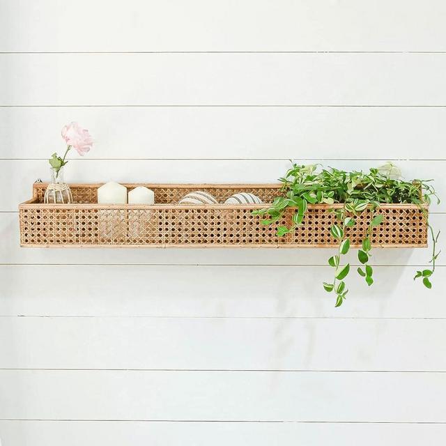 NIKKY HOME Handwoven Boho Rattan Floating Wall Shelves Natural Wood Hanging Shelf Decorative Storage Basket for Bathroom, Kitchen, Living Room, Bedroom