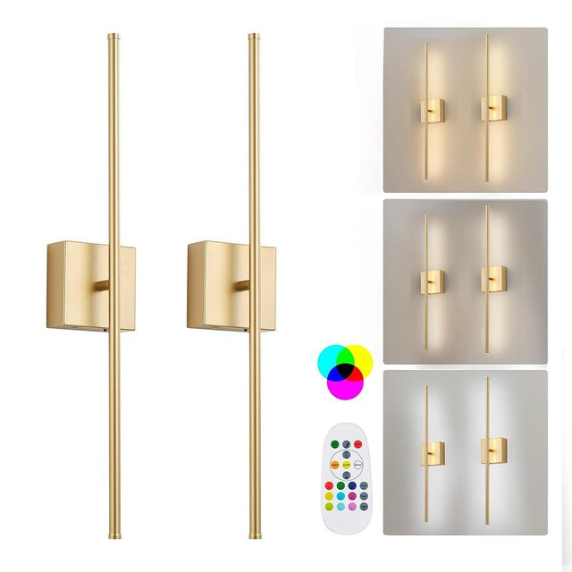 KARTOOSH 28.3 Inch 9 RGB Color Battery Operated Wireless Wall Sconces Set of Two, with Remote, Dimmable, Warm/Natural White/Daylight, Rotatable, LED Wall Light for Living Room, Bedroom, Gold