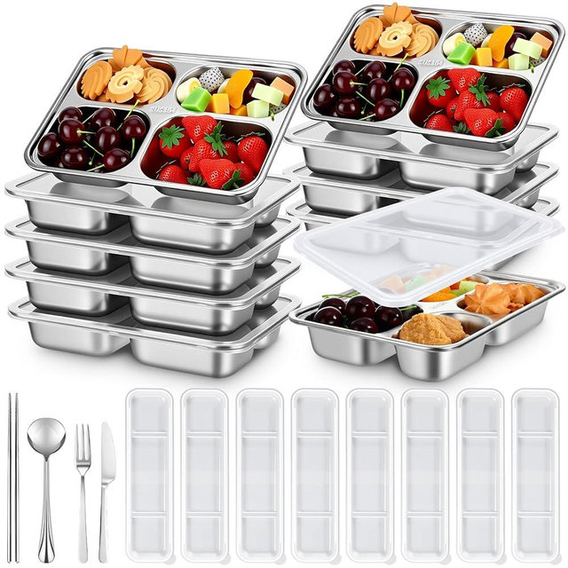 Ferrochef 8 Pack Stainless Steel 4 Compartments Snack Bento Snack Boxes with Lids and 8 Sets Portable Stainless Steel Flatware Set Travel Utensil Set Chopsticks Knife Fork Spoon with Case for Home