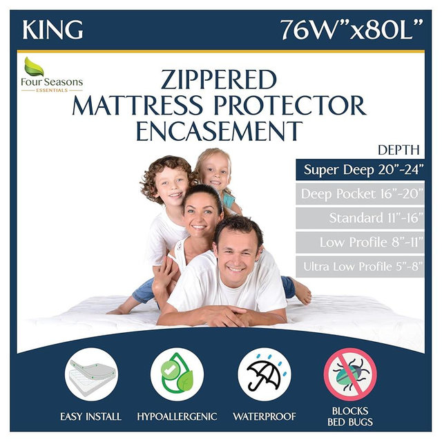 Super Deep Pocket Mattress Encasement - King - Zippered Bedbug Waterproof Protector for Very Deep Mattresses 20-24 inch Depth
