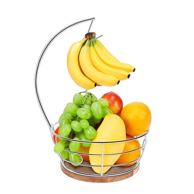 Livabber Countertop Fruit Basket Bowl with Banana Hanger, Modern Standing Fruit Vegetable Bowl Storage, with Banana Tree Holder for Kitchen Dinning Table (Round Wood, Chrome)