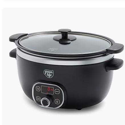 GreenLife 6 Quart Ceramic Slow Cooker, PFAS-Free, Programmable, Removable Healthy Nonstick Pot for large families, Sear on Stovetop, Keep Warm, Digital Timer, Dishwasher Safe Glass Lid & Crock, Black