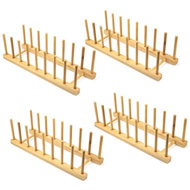 Lawei 4 pack Bamboo Wooden Dish Rack - Plate Rack Stand Pot Lid Holder, Kitchen Cabinet Organizer for Bowl, Cup, Cutting Board and more