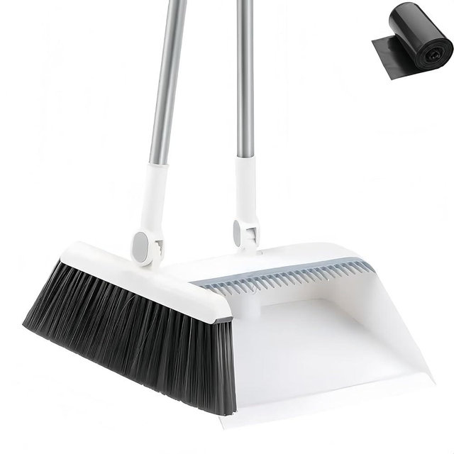 2-in-1 Sweeping Broom and Dustpan Combo Set-with Garbage Bags - Long Handle Brush with Upright Stand for Home, Office, School Accessory for Kitchen, Dorms, Bathroom- Cleaning Tool Kit (White)