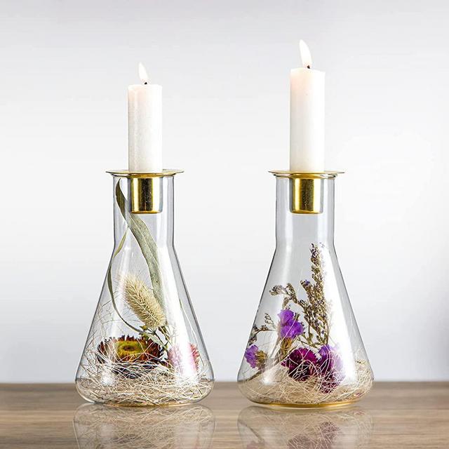 Set of 2 Taper Candle Holders, Decorative Glass Candlestick Holders with Dry Flower & Golden Top, Perfect for Home Decoration,Table Centerpiece, Candlelight Dinner Ornaments, Wedding, Gifts(2 Pack)