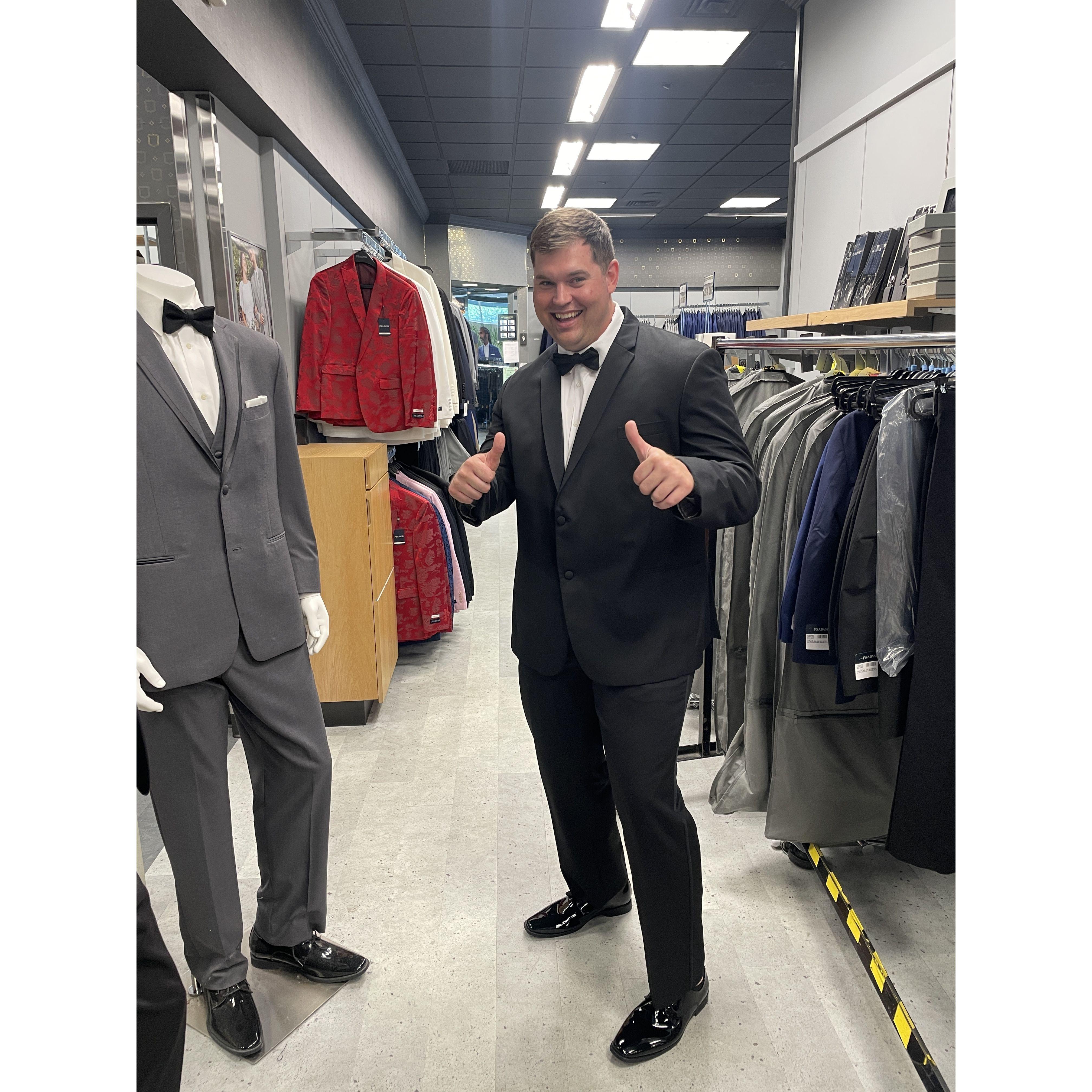 Trying on his tux for Neil & Tess's wedding
