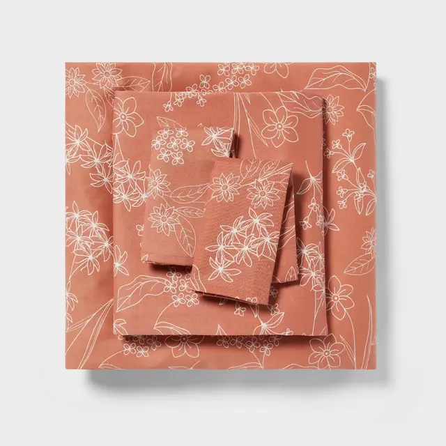 King Easy Care Cotton Blend Sateen Sheet Set Rust Floral - Room Essentials™: 225 Thread Count, Botanical Pattern, King Size