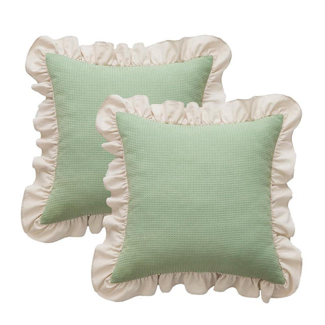 GLORY SEASON Waffle Weave Textured Throw Pillow Covers Set of 2 with Washed Cotton Retro Ruffle Flounces Trim Solid Decorative Pillow Cases for Home Livingroom and Bedroom Decor 18x18 Inch Pea Green