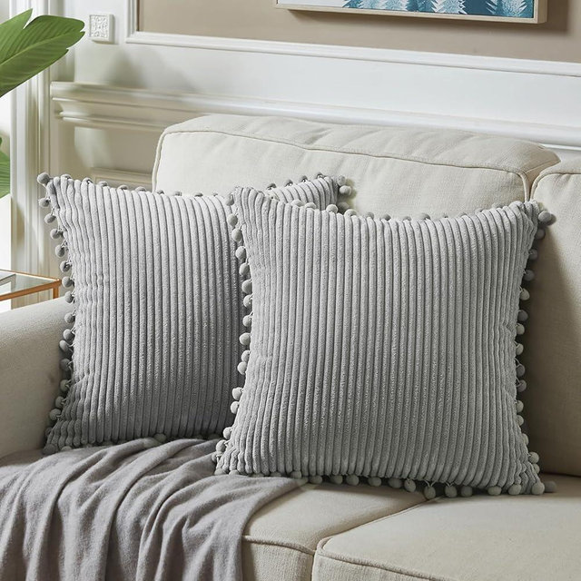 Fancy Homi 24x24 Pillow Covers, Pack of 2 Neutral Grey Throw Pillow Covers with Pom-poms, Super Soft Corduroy Square Solid Cushion Cover for Couch Sofa Bedroom Living Room 60x60 cm