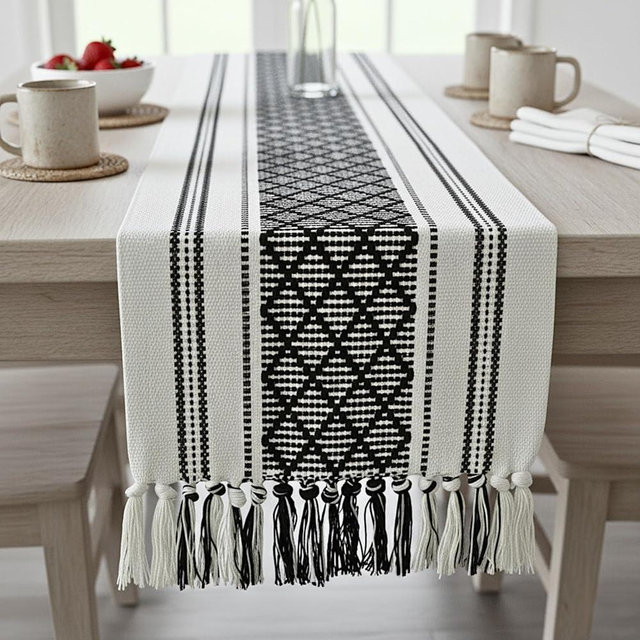 Coffee Table Runner 14 x 48 Inches Black & Cream Woven Washable Boho Tassel Dresser Scarf Topper for Furniture Farmhouse Short Table Cover with Fringe