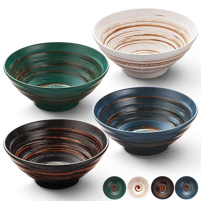 YUN TAO Ceramic Ramen Bowls Set of 4, 8 inches Japanese Style 35 oz Serving Bowls for Ramen, Udon, Soba, Pho, Asian Soup Noodle,Dishwasher Safe & Microwave Safe