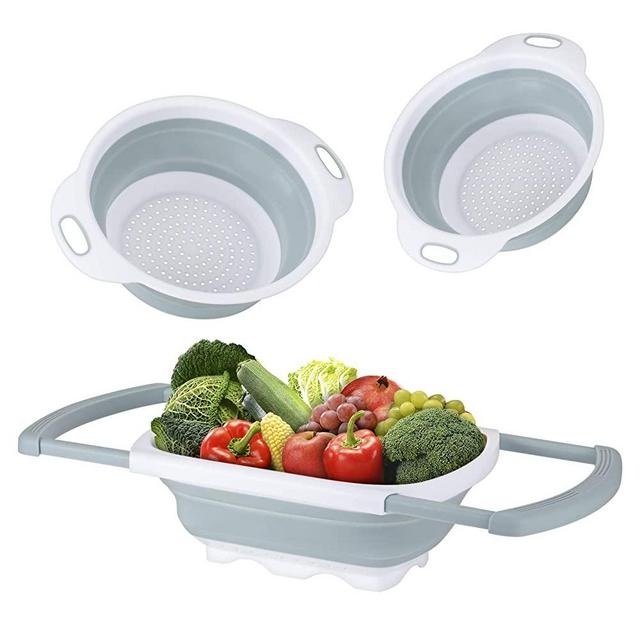 Colander Collapsible, Kitchen Strainer Colander, Collapsible Colander with Extendable Handles for Draining Veggies, Pasta,Fruit, Includes 6, 4 Quart Over the Sink Strainer Folding and 2 Quart Round