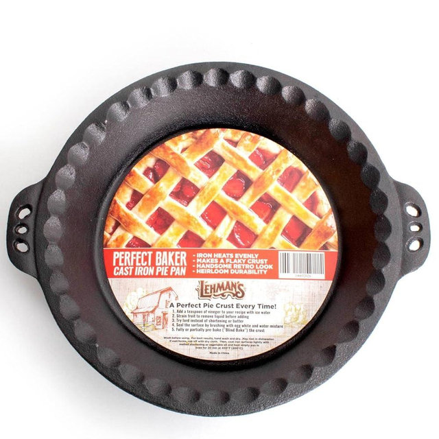 Lehman's Extra Deep Pie Pan, Pre-Seasoned Cast Iron Bakeware with Crimped Edges and Handles, 10.25 inches