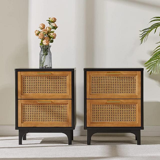 AMERLIFE Rattan Nightstands Set of 2, Boho Accent Bedside Tables with 2 Solid Wood Drawers Storage End Table, Woven Natural Vintage Side Table for Bedroom, Black(2pcs)