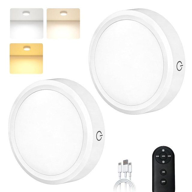 Puck Lights with Remote Control Rechargeable, Full-Screen Wireless LED Under Cabinet Lighting with Light Guide Plate,3 Color Dimmable Stick On Tap Lights for Kitchen,Counter,Closet,Shelf, 2PCS,White