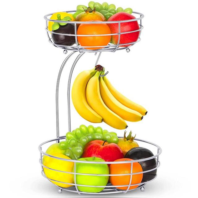 Bextsrack 2-Tier Fruit Basket Bowl with Banana Hanger for Kitchen Countertop, Dining Table, Silver