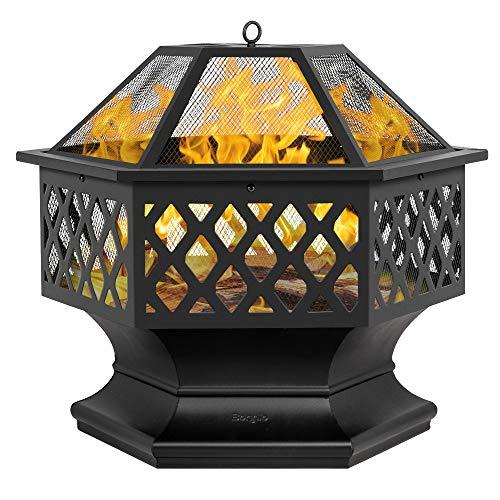 Bonnlo 24-Inch Outdoor Fire Pit with Mesh Screen and Poker Hex Shaped Metal Wood Burning Bonfire Pit for Outdoor Camping Patio Backyard Garden - 8”Deep Bowl