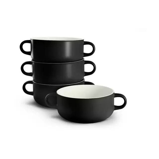 Kook Ceramic Soup Crocks, with Handles, 18 Oz, Set of 4, Black