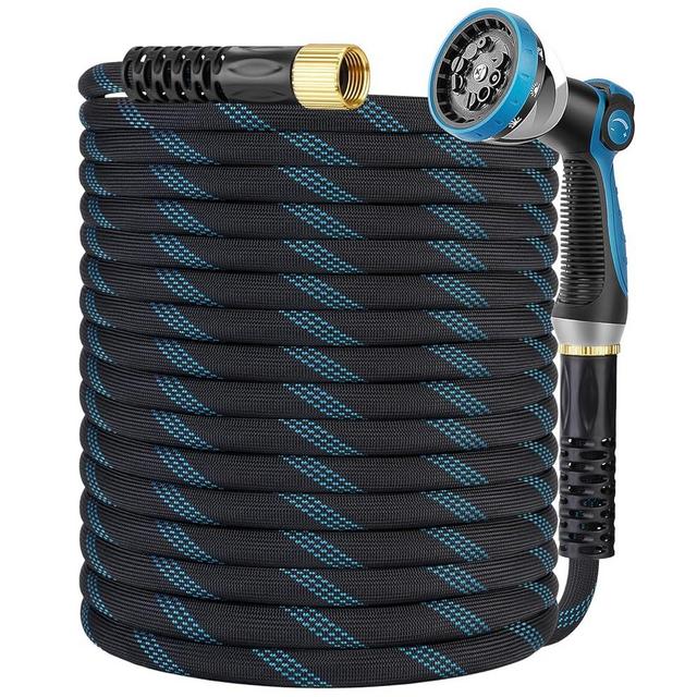 KETTOYA 100FT Garden Hose, Non-Expandable Flexible Water Hose with 10-Pattern Spray Nozzle, Lightweight Hose Pipe, Kink-Resistant, Leak-Proof, Extended Protector & 3/4" Solid Brass Alloy, Super Fabric