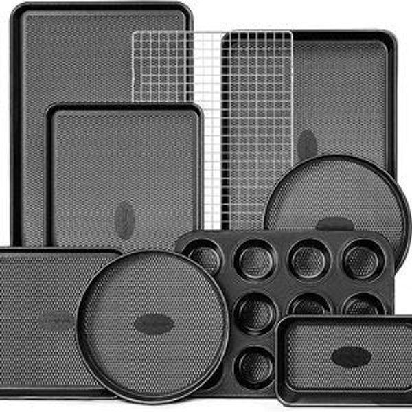 HONGBAKE 9-Piece Baking Pans Set Nonstick, Stackable Non Toxic Bakeware Sets with Diamond Texture, Oven Pan Set for Cooking, Includes Cookie Sheet with Rack, Cake Pan, Roasting Pan, Muffin Tin, Gray
