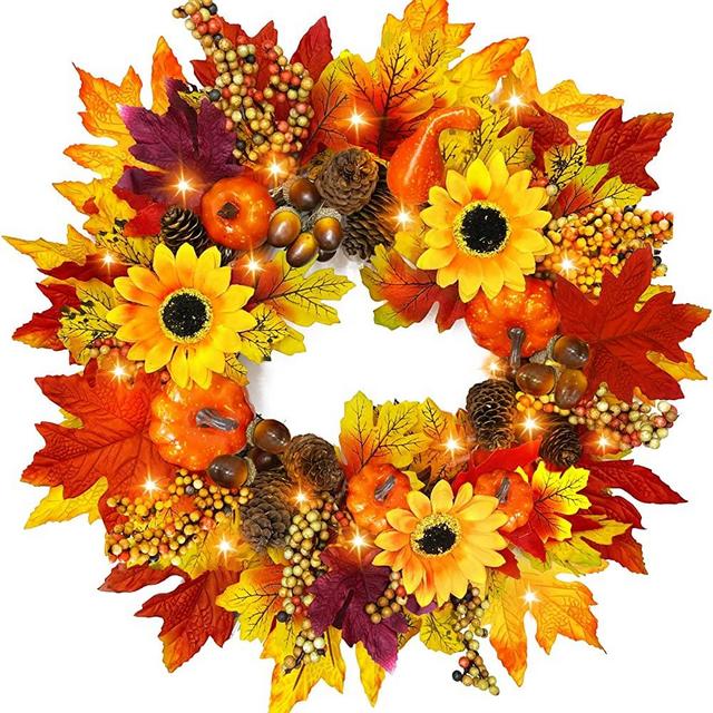 18 Inch Sunflower Fall Front Door Wreath Decorations Timer 5 Styles Mixcolor 58 Maple Leaves 3 Styles 6 Pumpkins 8 Pinecone 6 Berry Stem 12 Acorn 20 Warm Lights Battery Operated Autumn Fall Home Decor