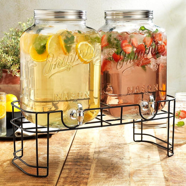 2 GALLON - Drink Dispensers for Parties, 2 Pack Original Mason Beverage Dispensers with Stand, Glass Water Jug Dispenser, with 100% Leak Proof Spigot, Great for Party, Wedding, Picnic, BBQ