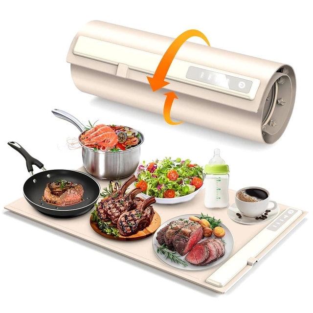 OPYAAON New Electric Warming Tray with Adjustable Temperature, 2024 New Portable Electric Warming Tray Silicone, Foldable Food Warmer Fast Heating for Home Buffets Restaurants (Cream)