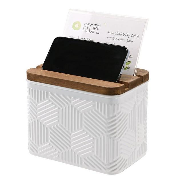 NIKKY HOME Kitchen 4x6 Metal White Recipe Box with Cards, Dividers and Phone Holder, Hexagon Stripe Embossed Pattern